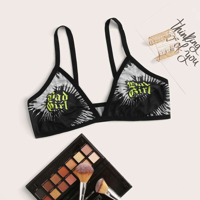 

Letter Graphic Mesh Bralette, Black