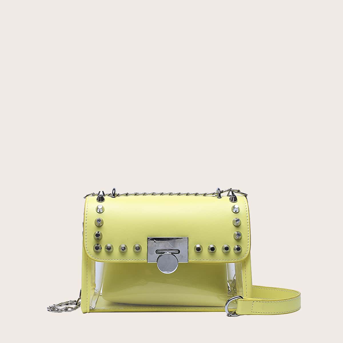 

Spiked Decor Clear Crossbody Bag With Inner Pouch, Yellow