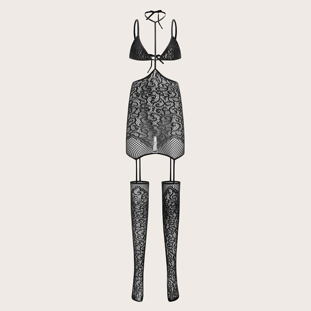 

Floral Lace Bodystocking With Choker, Black