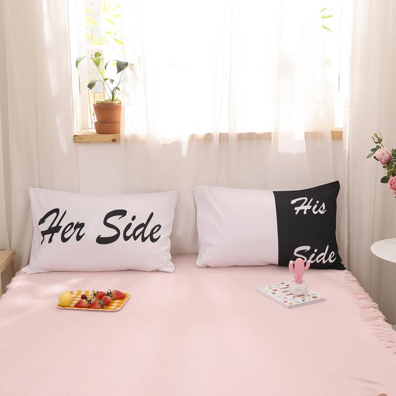 

1pair Slogan Graphic Pillow Case, Black and white