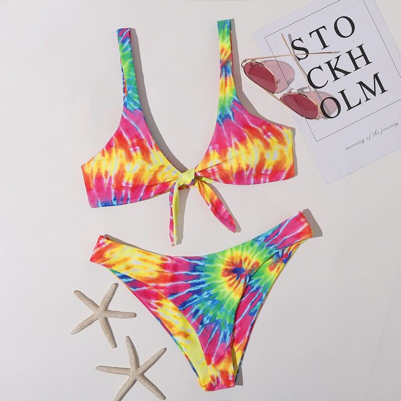 

Tie Dye Knot Front Bikini Swimsuit, Multicolor