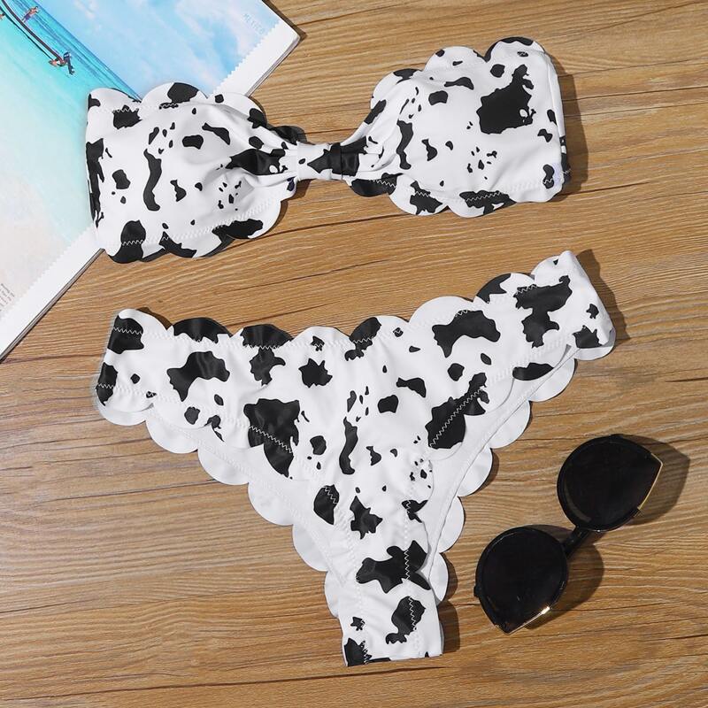

Allover Print Scallop Bandeau Bikini Swimsuit, Black and white