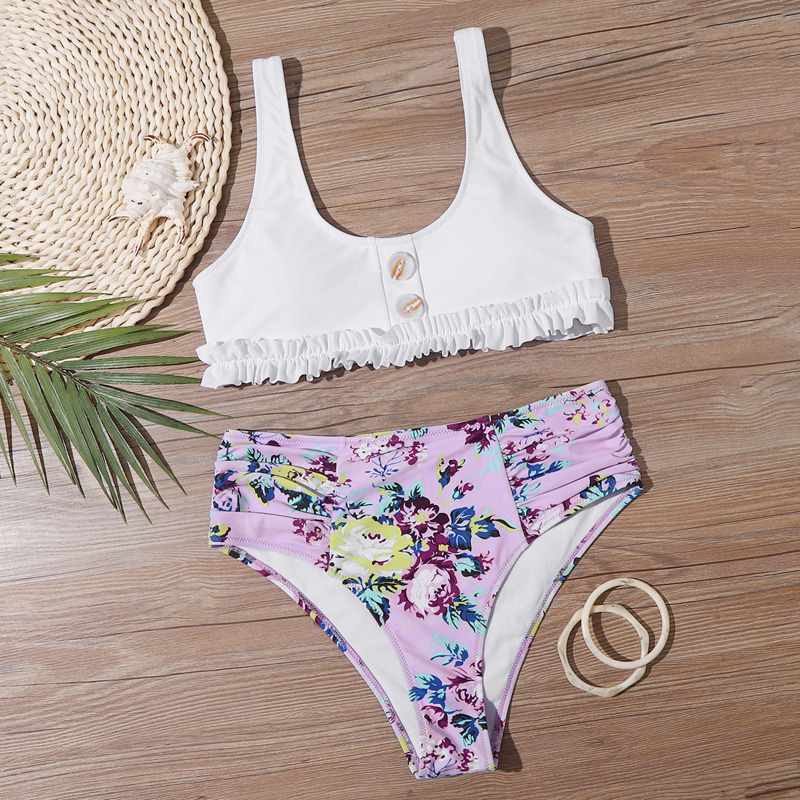 

Floral Button Front Frill Bikini Swimsuit, Multicolor