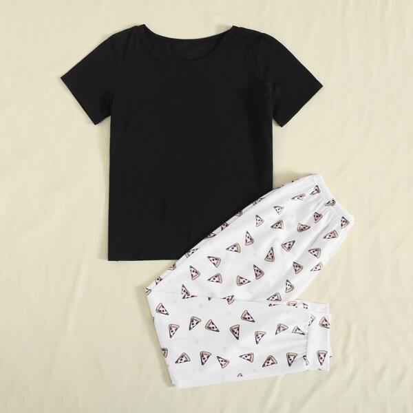 

Boys Solid Tee & Pizza Print Pants PJ Set, Multicolor
