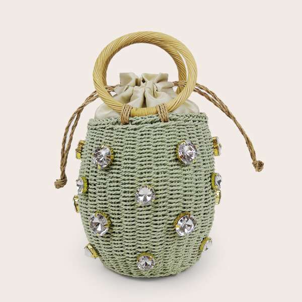 

Gemstone Decor Woven Bucket Bag, Green