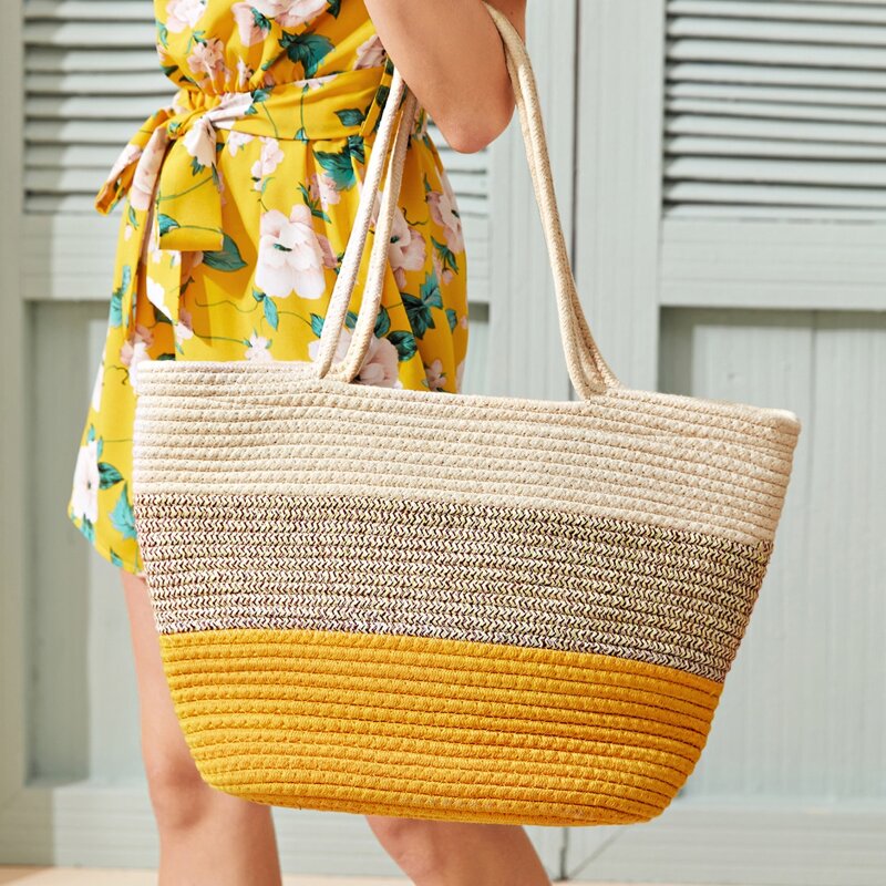 

Color-block Woven Tote Bag, Multicolor