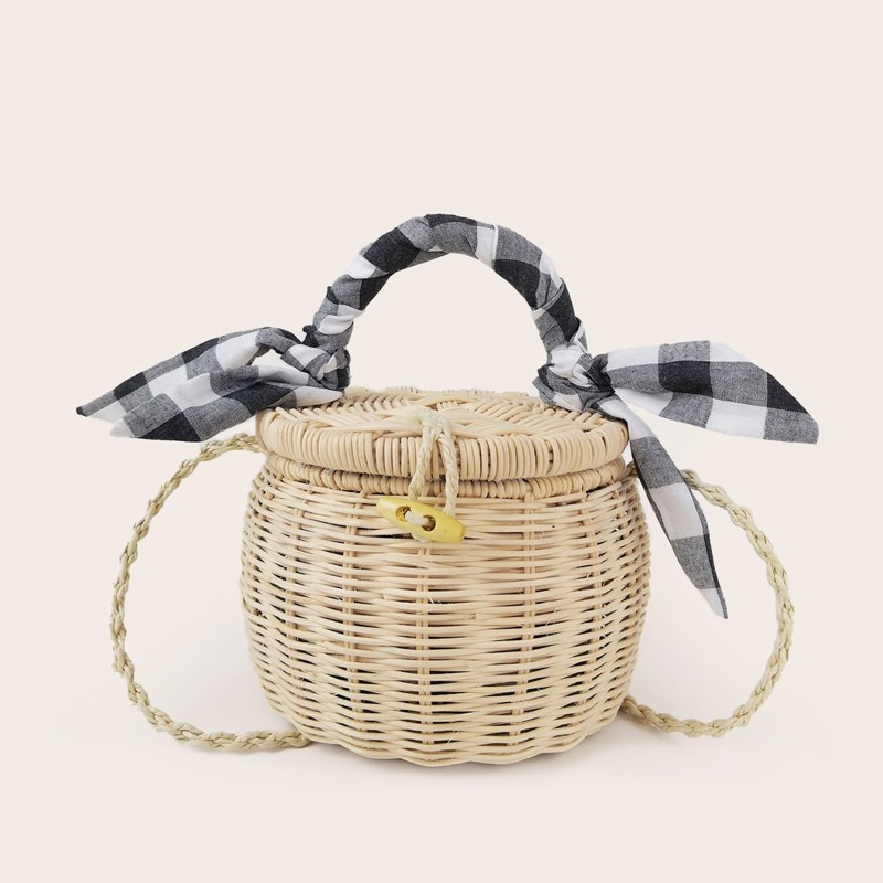 

Mini Woven Rattan Bucket Bag, Beige