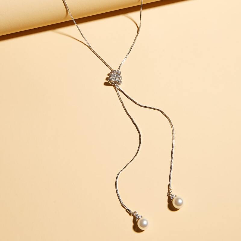 

Faux Pearl Y Lariat Necklace, Silver