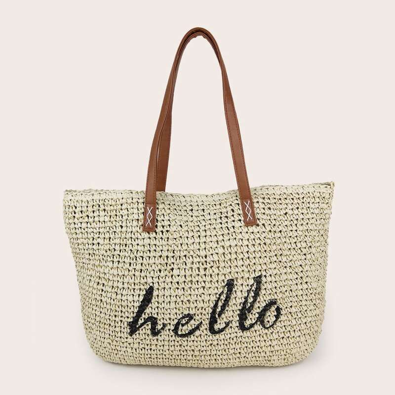 

Letter Graphic Woven Tote Bag, Beige