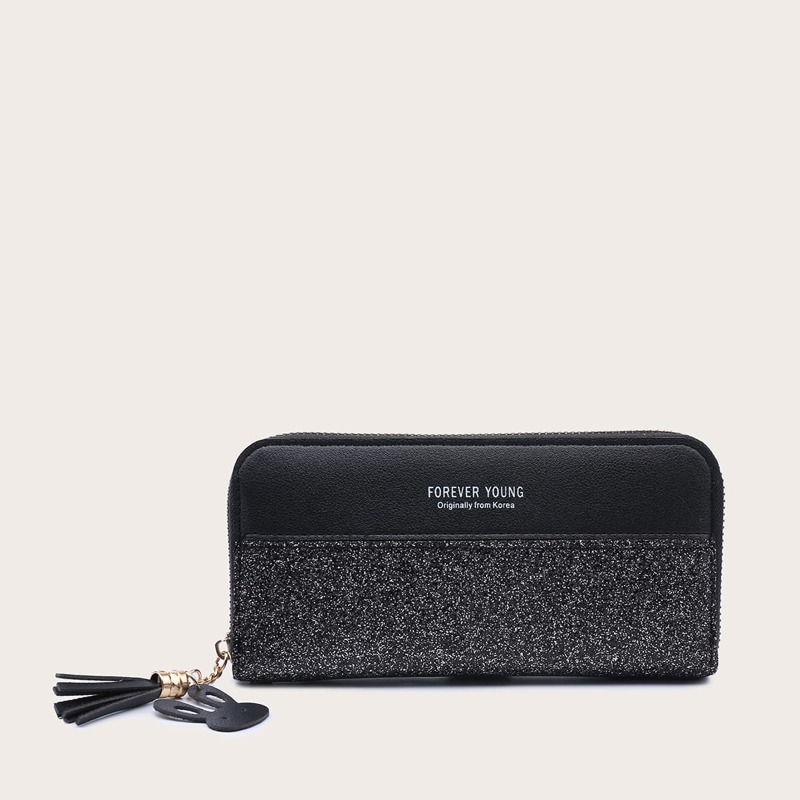 

Tassel Charm Zip Around Purse, Black