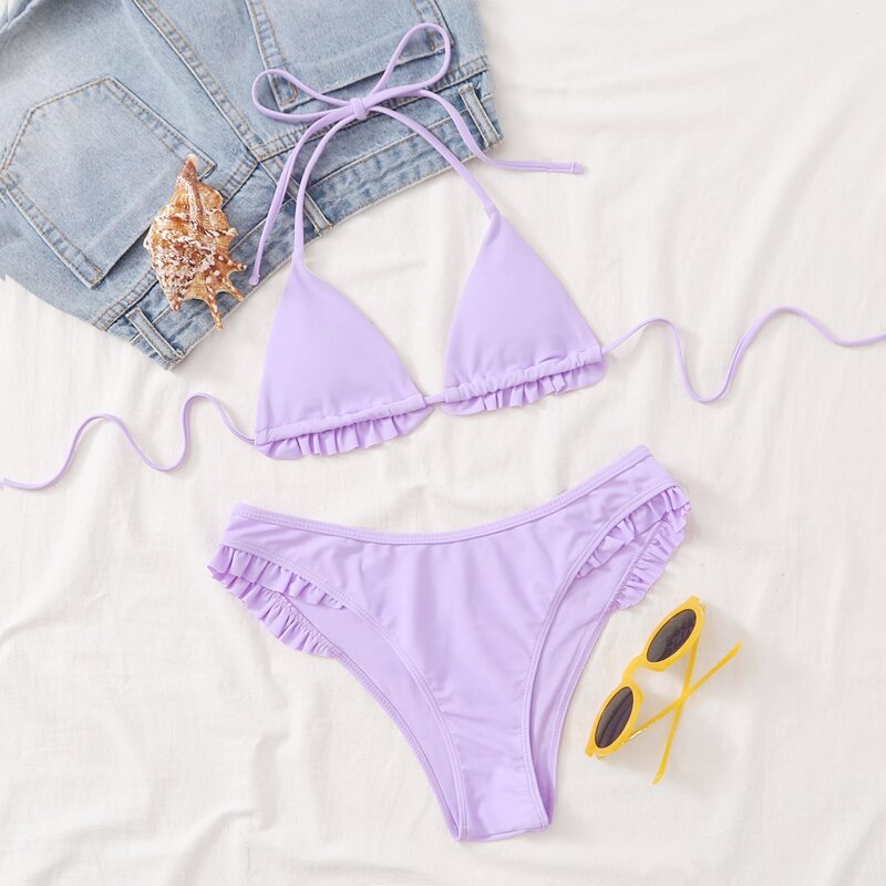 

Frill Trim Halter Triangle Bikini Swimsuit, Purple