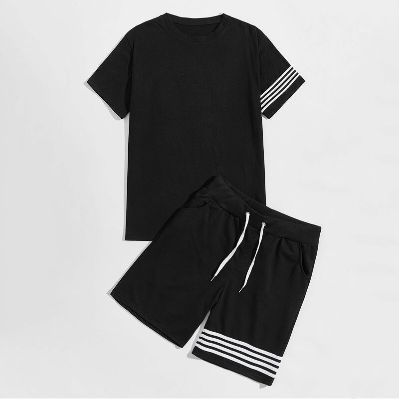 

Guys Striped Tee & Slant Pocket Drawstring Shorts, Black