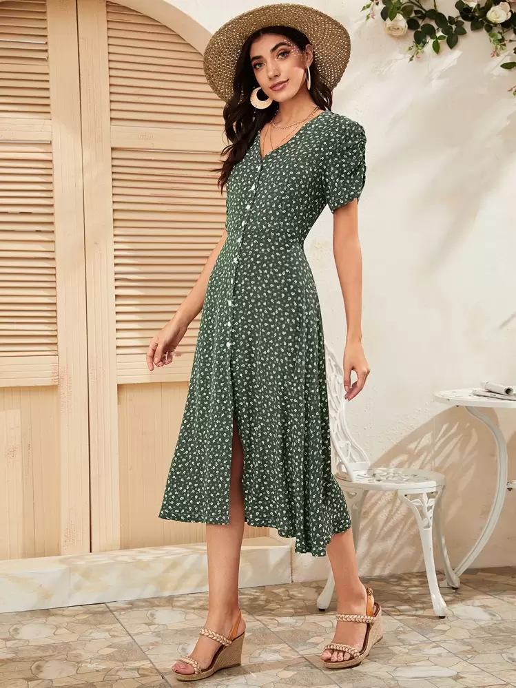 Mulvari เดรสแต่งกระดุมยาวทั้งตัว ลายดอกไม้ - สีเขียว - ดู 5