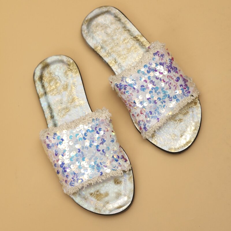 

Open Toe Sequin Decor Sliders, Beige
