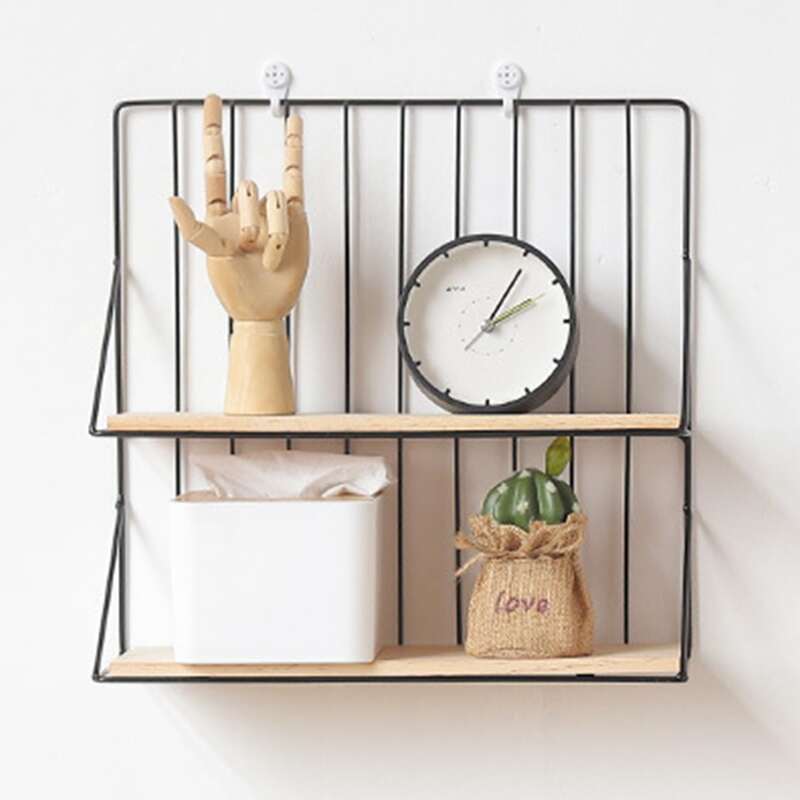 

1pc Double-layer Storage Rack With Wooden Board, Black