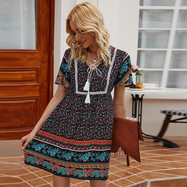 

Floral & Tribal Print Fringe Tie Neck Dress, Multicolor