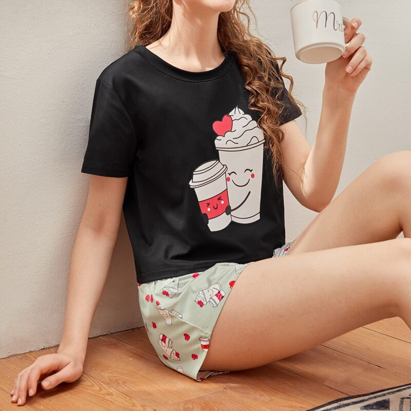 

Cartoon And Heart Print PJ Set, Multicolor