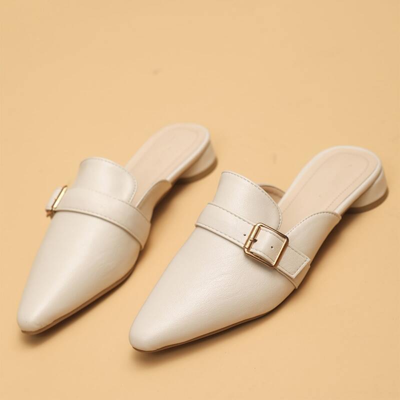 

Buckle Strap Decor Point Toe Flat Mules, Beige