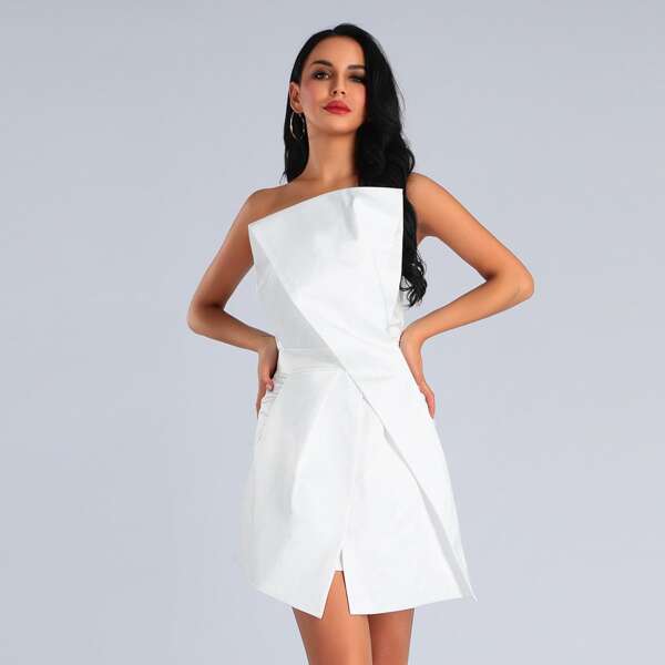 

Lucra Foldover Front Wrap Front Structured Dress, White
