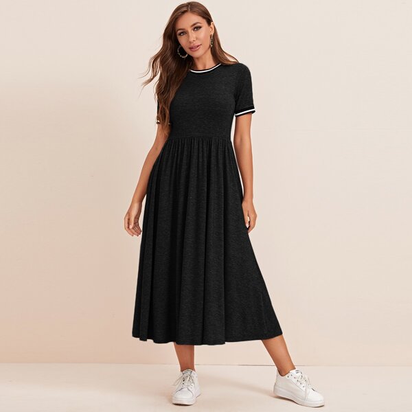 

Contrast Striped Trim Marled Knit Dress, Black