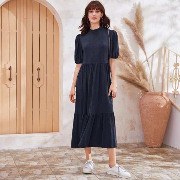 

Mock Neck Puff Sleeve Ruffle Hem Marled Dress, Navy blue