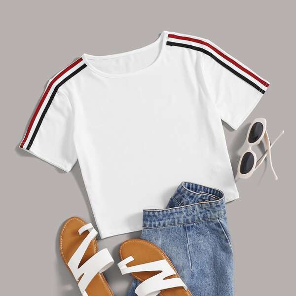 

Contrast Side Stripe Round Neck Tee, White