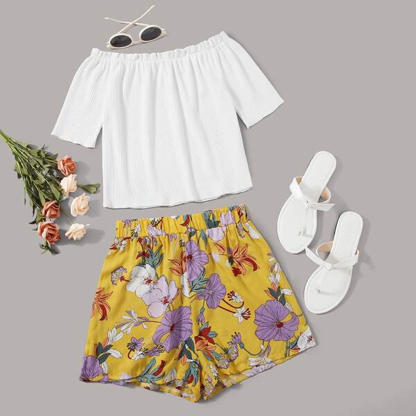 

Off Shoulder Rib-knit Top With Floral Print Shorts, Multicolor