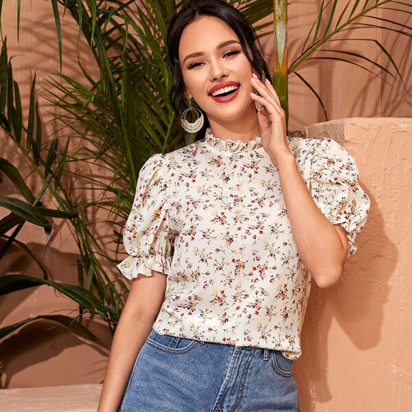 

Frill Trim Puff Sleeve Floral Print Top, White