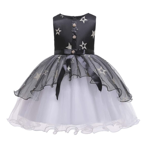 

Toddler Girls Star Embroidered Lettuce Trim Hem Dress, Black and white
