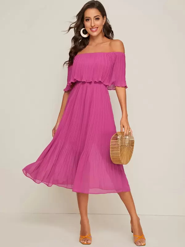 SHEIN Pleated Foldover Flare Hem Chiffon Bardot Dress