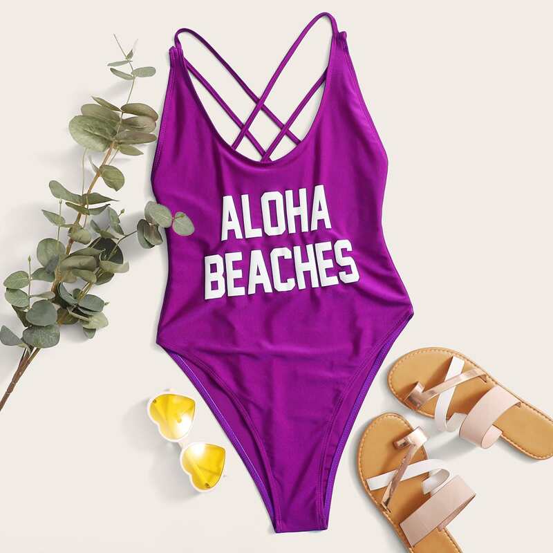 

Letter Graphic Strappy Back One Piece Swimsuit, Purple