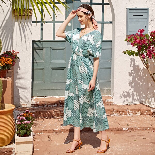

Tribal Patchwork Print Surplice Front A-line Dress, Green