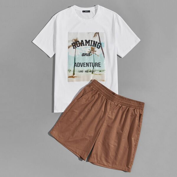 

Men Slogan & Tropical Print Tee & Shorts Set, Multicolor