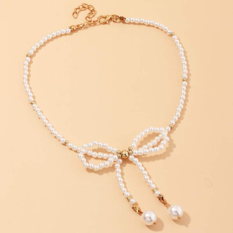 

Faux Pearl Bow Necklace, White
