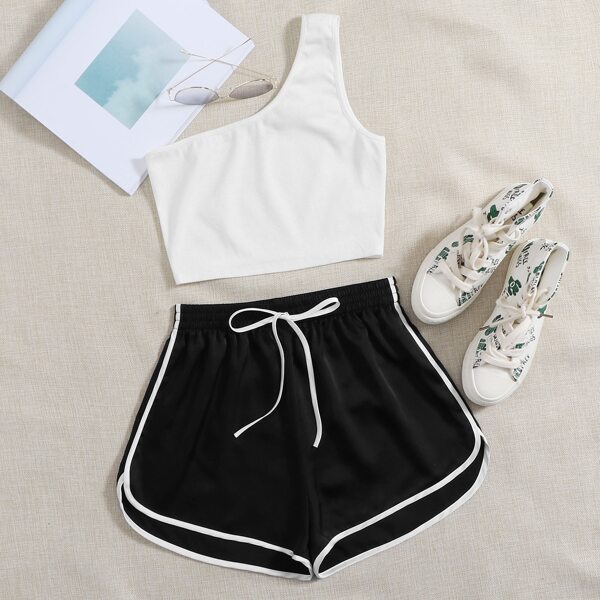 

One Shoulder Top & Contrast Trim Track Shorts Set, Black and white