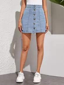 Button Through Straight Denim Skirt - Blue - View 1