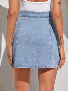 Button Through Straight Denim Skirt - Blue - View 2