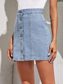 Button Through Straight Denim Skirt - Blue - View 5