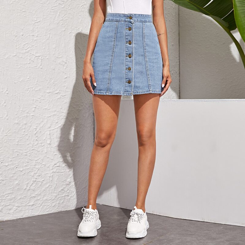 

Button Through Straight Denim Skirt, Blue