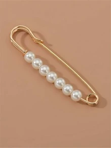 Faux Pearl Pin Brooch - Yellow Gold - View 1