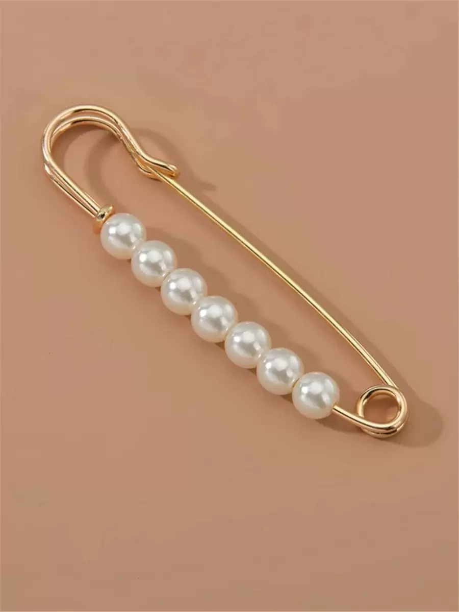 Faux Pearl Pin Brooch - Yellow Gold - View 1