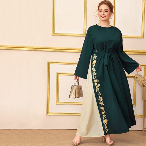 

Plus Colorblock Embroidered Belted Dress, Dark green