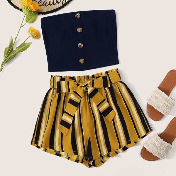 

Button Front Tube Top & Belted Striped Shorts Set, Multicolor