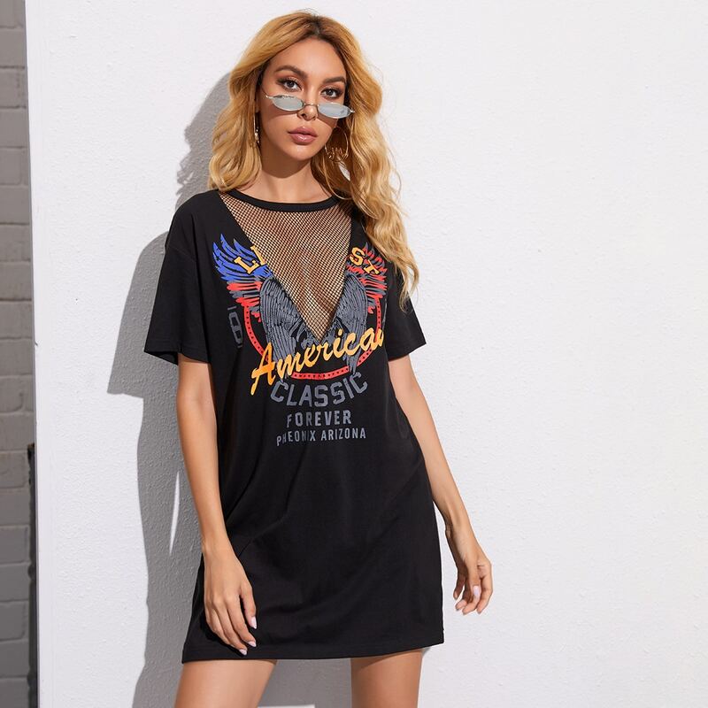

Sheer Mesh Insert Graphic Print Tee Dress, Black