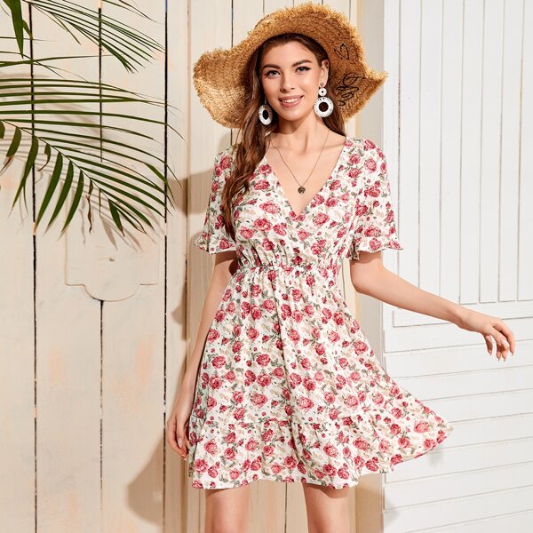 

Allover Floral Print Ruffle Hem A-line Dress, Multicolor