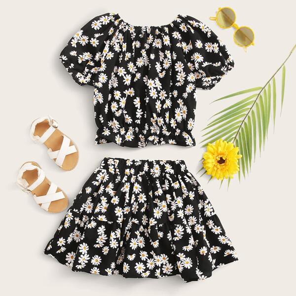 

Toddler Girls Allover Daisy Print Blouse & Skirt, Black and white