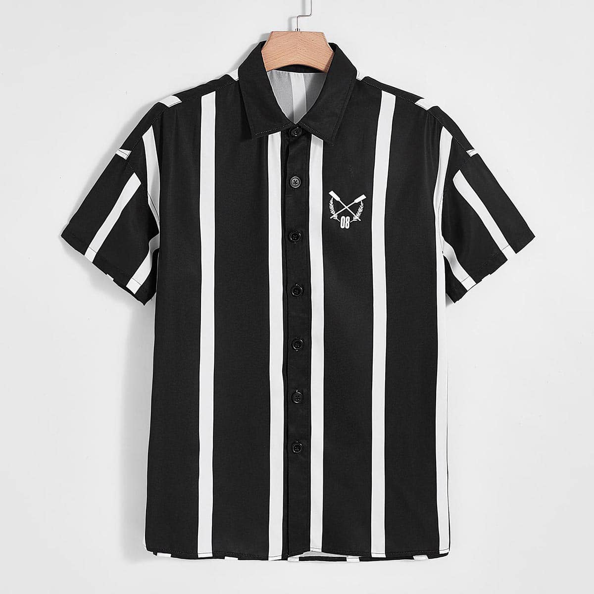 

Guys Graphic Embroidery Striped Shirt, Black