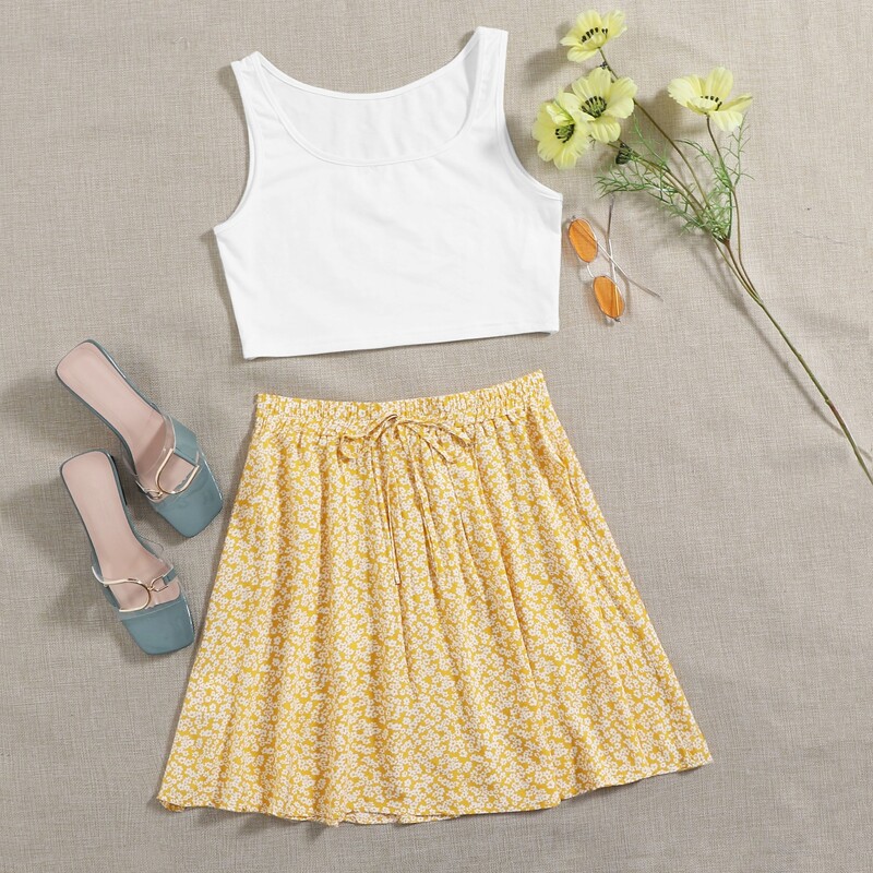 

White Tank & Ditsy Floral Skirt, Multicolor