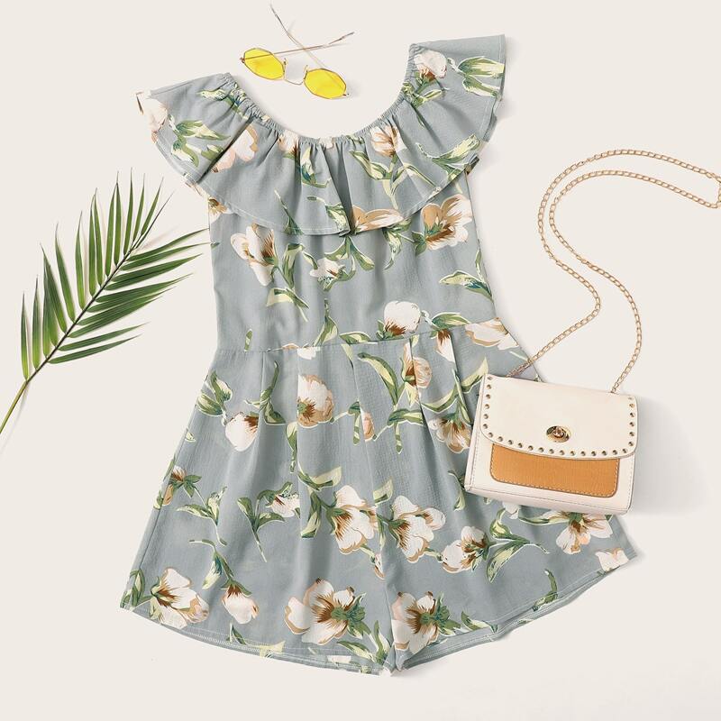 

Floral Ruffle Trim Romper, Blue