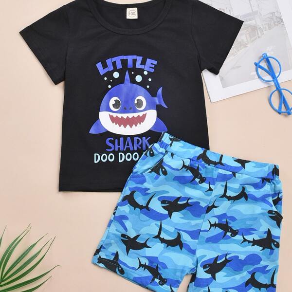 

Toddler Boys Slogan & Shark Print Tee With Shorts, Multicolor